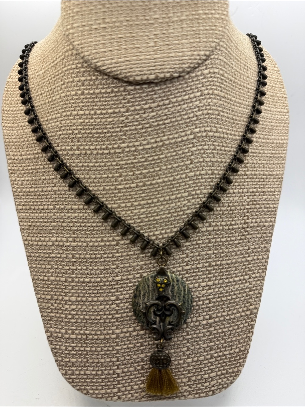 AMARO Israel Antique Brass Stone Pendant Tassel Necklace Swarovski Crystals